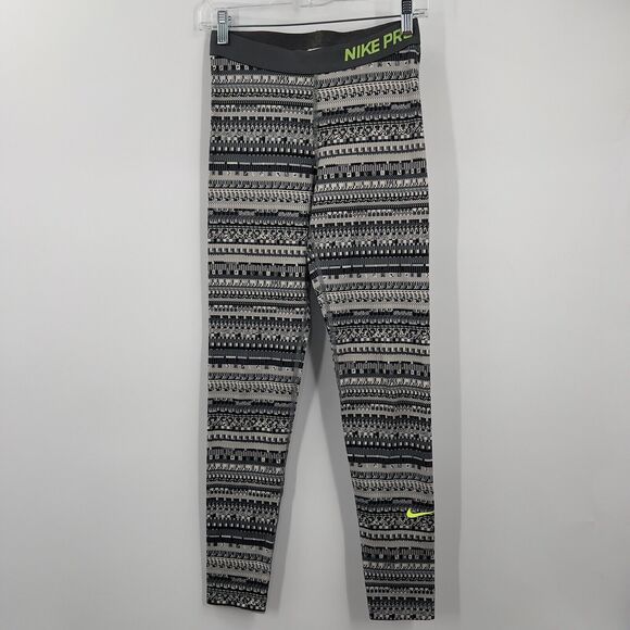 Womens Nike Pro Dri Fit M Workout Athletic Gym Leggings Black White Geometric - Picture 1 of 8